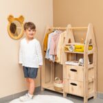 Armoire Dressing Montessori en Bois Naturel  3 Tiroirs + Penderie + Étagères - Armoire Dressing Enfant Montessori Cozy Kids | Rangement Chambre Bois Naturel
