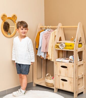 Armoire Dressing Montessori en Bois Naturel  3 Tiroirs + Penderie + Étagères - Armoire Dressing Enfant Montessori Cozy Kids | Rangement Chambre Bois Naturel