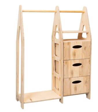 Armoire Dressing Montessori en Bois Naturel  3 Tiroirs + Penderie + Étagères - Armoire Dressing Enfant Montessori Cozy Kids | Rangement Chambre Bois Naturel