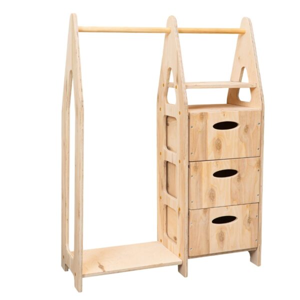 Armoire Dressing Montessori en Bois Naturel  3 Tiroirs + Penderie + Étagères - Armoire Dressing Enfant Montessori Cozy Kids | Rangement Chambre Bois Naturel
