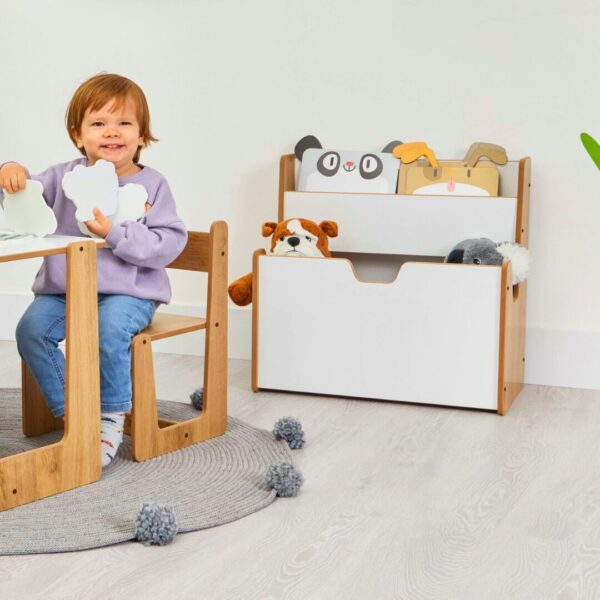 Bibliothèque Coffre à Jouets 2-en-1 Montessori - Bois Naturel et Blanc avec Poignées de Transport - Rangement Chambre Enfant Cozy Kids | Mobilier Organisation Bois Naturel