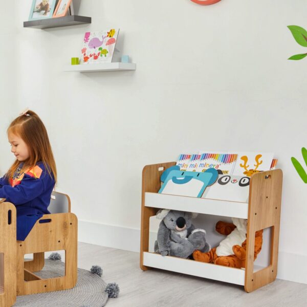 Bibliothèque Porte-Livres Dove 2 Niveaux - Bois Naturel et Blanc avec Poignées de Transport Montessori - Rangement Chambre Enfant Cozy Kids | Mobilier Organisation Bois Naturel