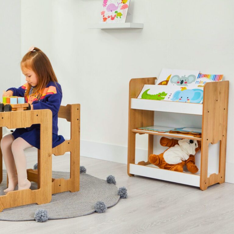 Bibliothèque Seagull 3 Niveaux Moyenne - Bois Naturel et Blanc pour Enfant 4-6 ans - Rangement Chambre Enfant Cozy Kids | Mobilier Organisation Bois Naturel