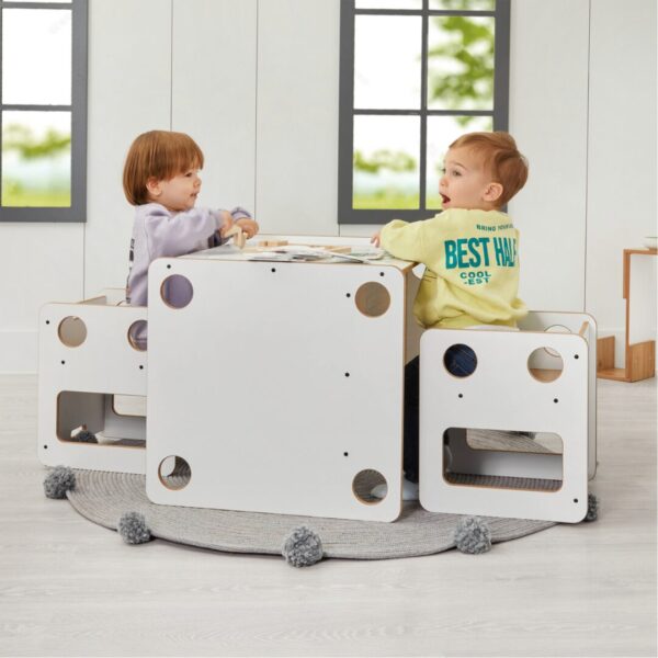 Ensemble Table et 2 Chaises Multifonctions en Bois Blanc et Naturel – Set Goldfinch Évolutif 0-6 Ans - Table et Chaise Enfant Montessori Cozy Kids | Mobilier Bois Naturel
