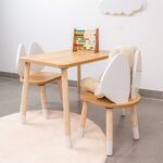 Ensemble Table et 2 Chaises Oreilles Lapin en Bois Naturel | Design Bunny - Table et Chaise Enfant Montessori Cozy Kids | Mobilier Bois Naturel
