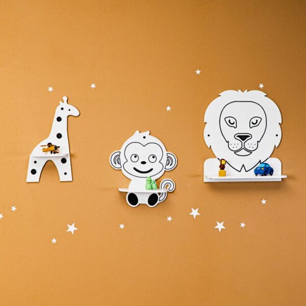 Étagère Murale Enfant 3 Animaux Safari - Lion Singe Girafe en Bois Naturel - Rangement Chambre Enfant Cozy Kids | Mobilier Organisation Bois Naturel