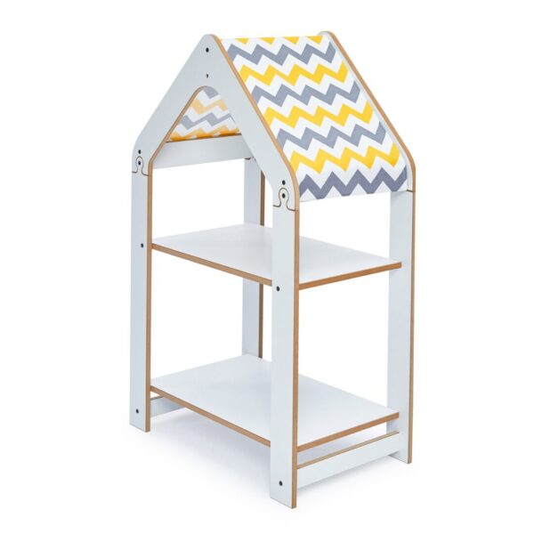 Étagère Maison 2 Niveaux Blanc - Bibliothèque Montessori avec Toit Chevron Jaune et Blanc - Rangement Chambre Enfant Cozy Kids | Mobilier Organisation Bois Naturel
