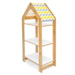 Étagère Maison 3 Niveaux Bois Naturel et Blanc - Bibliothèque Haute Montessori avec Toit Chevron Jaune - Rangement Chambre Enfant Cozy Kids | Mobilier Organisation Bois Naturel
