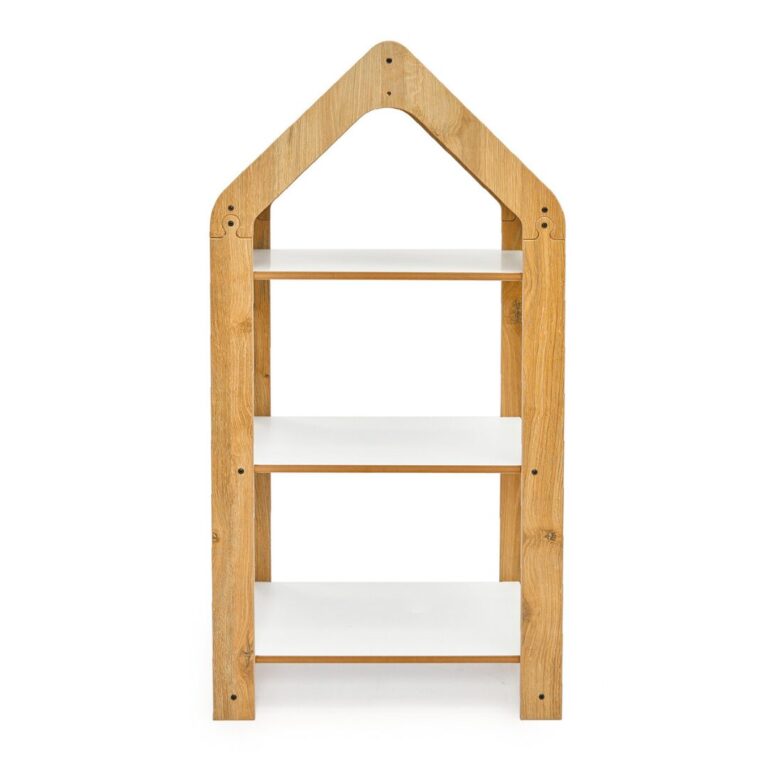 Étagère Maison 3 Niveaux Bois Naturel et Blanc - Bibliothèque Haute Montessori avec Toit Chevron Jaune - Rangement Chambre Enfant Cozy Kids | Mobilier Organisation Bois Naturel