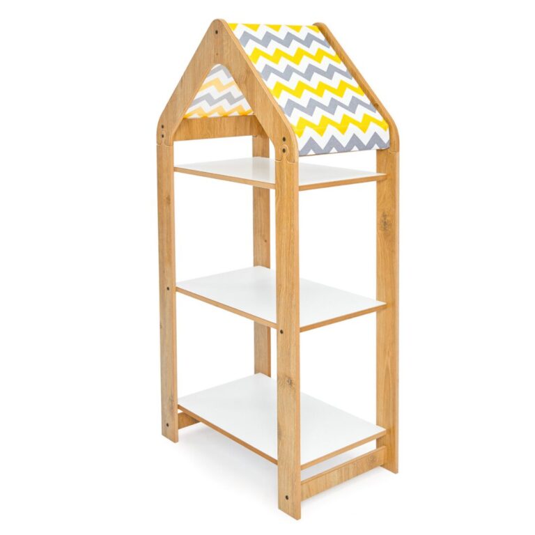 Étagère Maison 3 Niveaux Bois Naturel et Blanc - Bibliothèque Haute Montessori avec Toit Chevron Jaune - Rangement Chambre Enfant Cozy Kids | Mobilier Organisation Bois Naturel