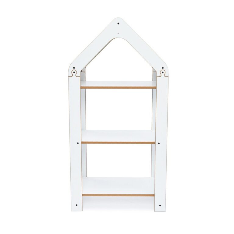 Étagère Maison Haute 3 Niveaux Blanche - Bibliothèque Montessori 100cm avec Toit Chevron Jaune - Rangement Chambre Enfant Cozy Kids | Mobilier Organisation Bois Naturel