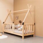 Lit Montessori Cabane Tipi en Bois Naturel avec Barrières - Lit Montessori Cabane Tipi Cozy Kids | Chambre Enfant Bois Naturel