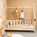 Lit Montessori Cabane Tipi en Bois Naturel avec Barrières - Lit Montessori Cabane Tipi Cozy Kids | Chambre Enfant Bois Naturel