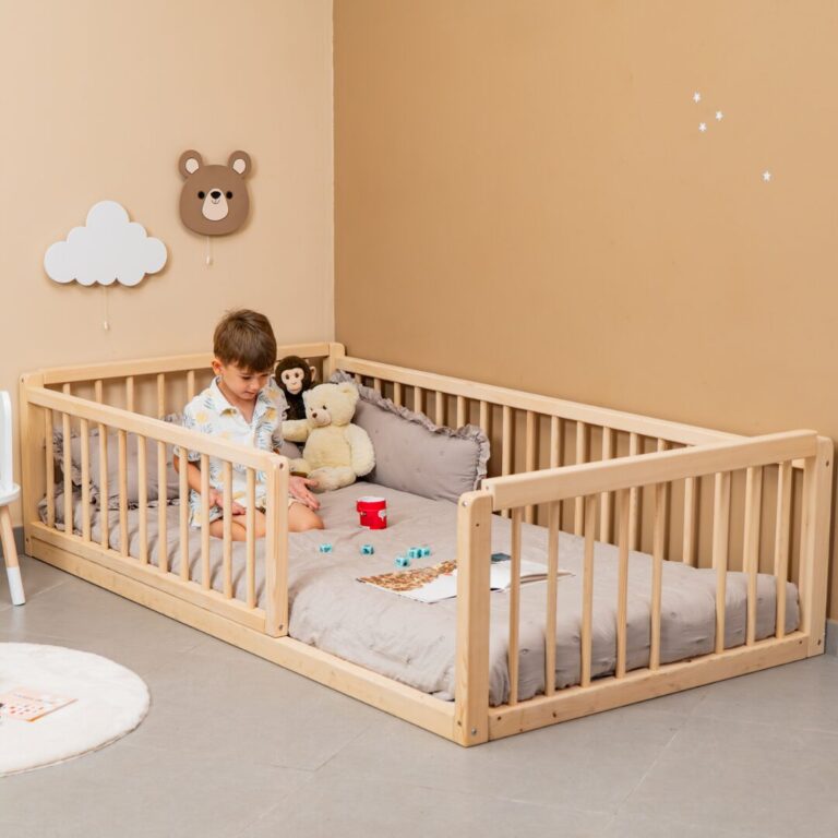 Lit Montessori Évolutif en Bois de Hêtre Naturel avec Barrière Amovible - Lit Montessori Cabane Tipi Cozy Kids | Chambre Enfant Bois Naturel