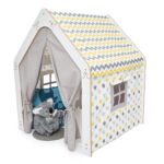 Maison de Jeu Enfant en Bois Blanc avec Tente Tissu - Cabane Montessori Jaune et Gris - Lit Cabane Tipi Enfant Cozy Kids | Chambre Montessori Bois Naturel