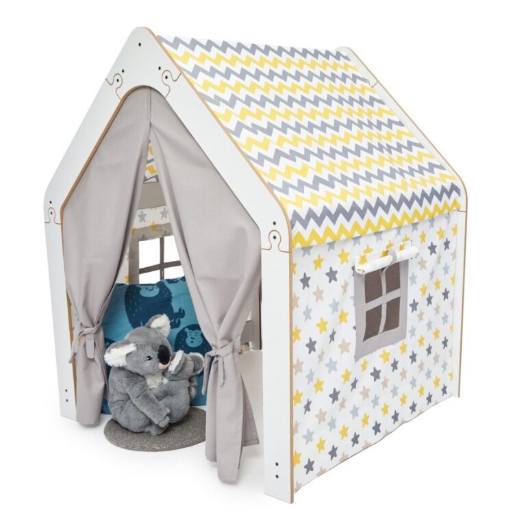 Maison de Jeu Enfant en Bois Blanc avec Tente Tissu - Cabane Montessori Jaune et Gris - Lit Cabane Tipi Enfant Cozy Kids | Chambre Montessori Bois Naturel