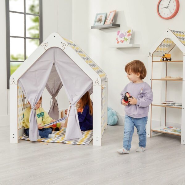 Maison de Jeu Enfant en Bois Blanc avec Tente Tissu - Cabane Montessori Jaune et Gris - Lit Cabane Tipi Enfant Cozy Kids | Chambre Montessori Bois Naturel