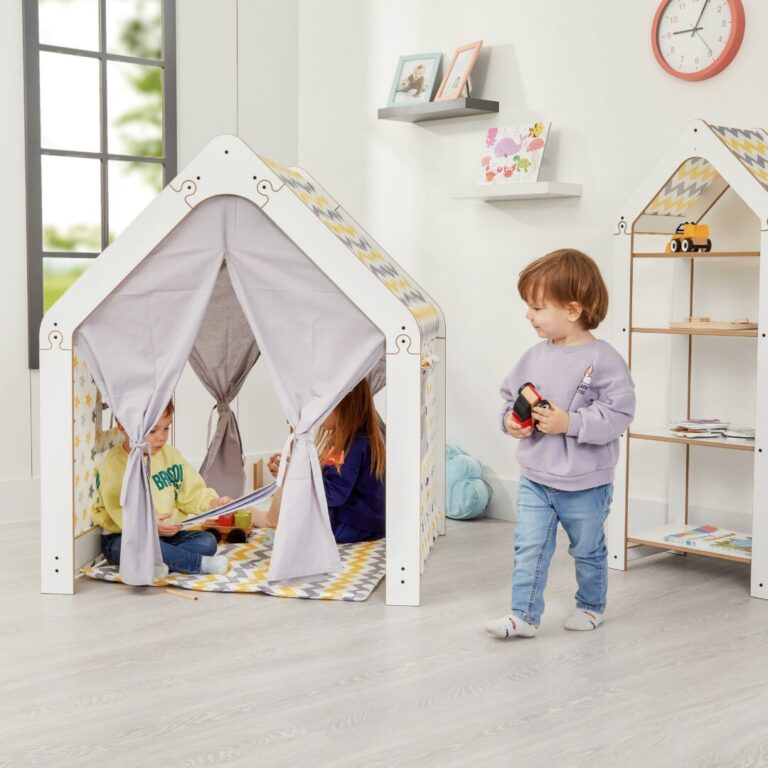 Maison de Jeu Enfant en Bois Blanc avec Tente Tissu - Cabane Montessori Jaune et Gris - Lit Cabane Tipi Enfant Cozy Kids | Chambre Montessori Bois Naturel