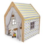 Maison de Jeu Enfant en Bois Naturel avec Tente Tissu - Cabane Montessori Jaune et Gris - Lit Cabane Tipi Enfant Cozy Kids | Chambre Montessori Bois Naturel