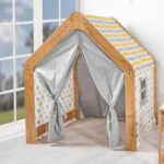 Maison de Jeu Enfant en Bois Naturel avec Tente Tissu - Cabane Montessori Jaune et Gris - Lit Cabane Tipi Enfant Cozy Kids | Chambre Montessori Bois Naturel