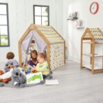 Maison de Jeu Enfant en Bois Naturel avec Tente Tissu - Cabane Montessori Jaune et Gris - Lit Cabane Tipi Enfant Cozy Kids | Chambre Montessori Bois Naturel