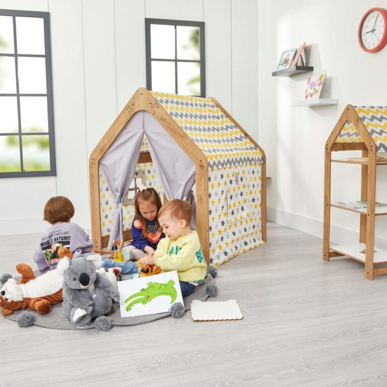 Maison de Jeu Enfant en Bois Naturel avec Tente Tissu - Cabane Montessori Jaune et Gris - Lit Cabane Tipi Enfant Cozy Kids | Chambre Montessori Bois Naturel