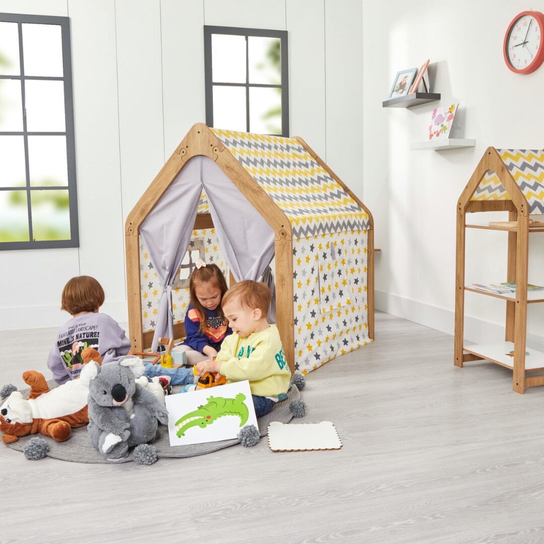 1er Prix Concours Noël 2025 - Maison de jeu cabane Montessori bois naturel jaune gris
