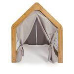 Maison de Jeu Enfant en Bois Naturel avec Tente Tissu Bleu et Gris – Cabane Montessori Étoiles - Lit Cabane Tipi Enfant Cozy Kids | Chambre Montessori Bois Naturel