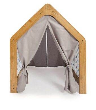 Maison de Jeu Enfant en Bois Naturel avec Tente Tissu Bleu et Gris – Cabane Montessori Étoiles - Lit Cabane Tipi Enfant Cozy Kids | Chambre Montessori Bois Naturel