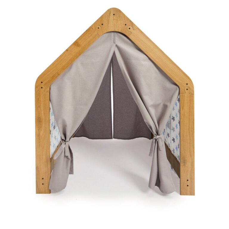 Maison de Jeu Enfant en Bois Naturel avec Tente Tissu Bleu et Gris – Cabane Montessori Étoiles - Lit Cabane Tipi Enfant Cozy Kids | Chambre Montessori Bois Naturel