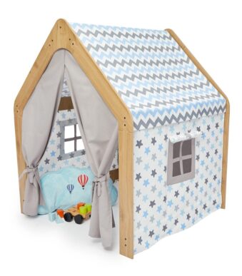 Maison de Jeu Enfant en Bois Naturel avec Tente Tissu Bleu et Gris – Cabane Montessori Étoiles - Lit Cabane Tipi Enfant Cozy Kids | Chambre Montessori Bois Naturel