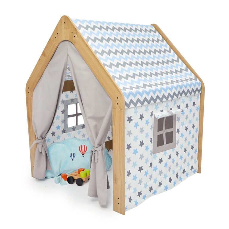 Maison de Jeu Enfant en Bois Naturel avec Tente Tissu Bleu et Gris – Cabane Montessori Étoiles - Lit Cabane Tipi Enfant Cozy Kids | Chambre Montessori Bois Naturel
