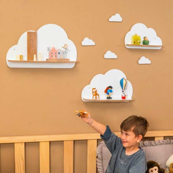 Set de 3 Étagères Murales Nuage en Bois Blanc | Décoration Chambre Enfant - Rangement Chambre Enfant Cozy Kids | Mobilier Organisation Bois Naturel