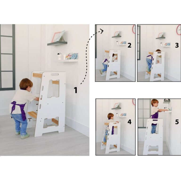 Tour d'Apprentissage Montessori en Bois Blanc et Naturel – Marchepied Évolutif Réglable 2-6 Ans - Tour d'Apprentissage Montessori Cozy Kids | Autonomie Enfant 2-6 Ans Bois Naturel