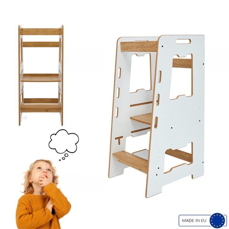 Tour d'Apprentissage Montessori en Bois Blanc et Naturel – Marchepied Évolutif Réglable 2-6 Ans - Tour d'Apprentissage Montessori Cozy Kids | Autonomie Enfant 2-6 Ans Bois Naturel