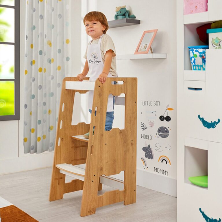 Tour d'Apprentissage Montessori en Bois Naturel avec Plateformes Blanches – Marchepied Évolutif 2-6 Ans - Tour d'Apprentissage Montessori Cozy Kids | Autonomie Enfant 2-6 Ans Bois Naturel