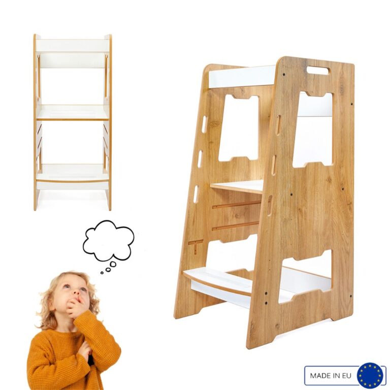 Tour d'Apprentissage Montessori en Bois Naturel avec Plateformes Blanches – Marchepied Évolutif 2-6 Ans - Tour d'Apprentissage Montessori Cozy Kids | Autonomie Enfant 2-6 Ans Bois Naturel