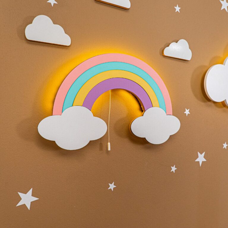 Veilleuse Murale LED Arc-en-Ciel avec Nuages en Bois Peint à la Main | 4 Couleurs Pastel - Veilleuse LED Bébé Cozy Kids | Nuage ou Ours en Bois Naturel