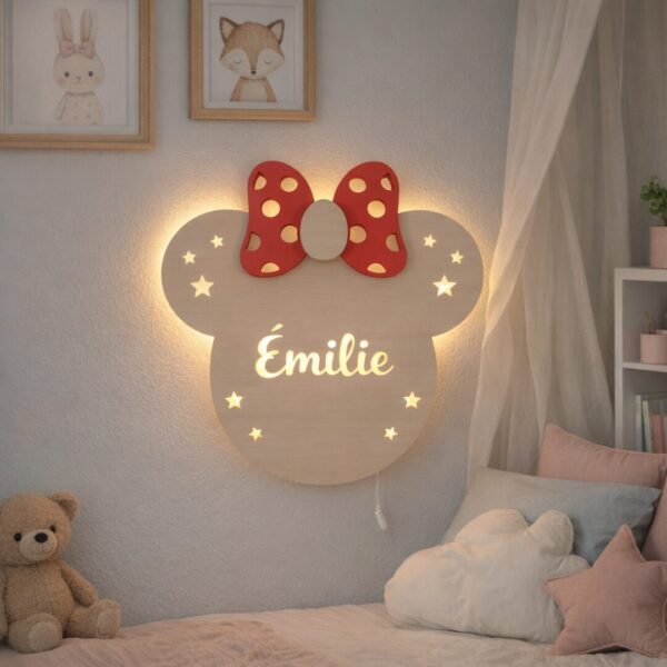 Veilleuse Murale Personnalisée avec Prénom LED en Bois | Lampe Chambre Bébé et Enfant avec Nœud | 36 cm