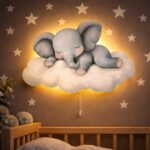 Veilleuse Murale Enfant Éléphant Endormi sur Nuage | Lampe LED Bébé