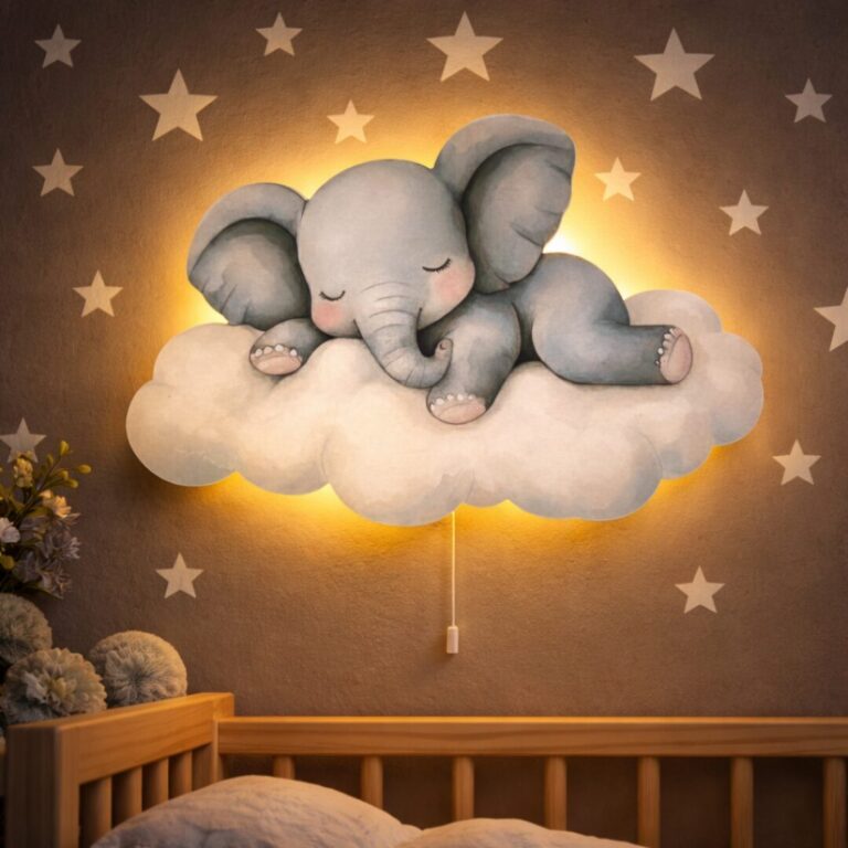 Veilleuse Murale Enfant Éléphant Endormi sur Nuage | Lampe LED Bébé