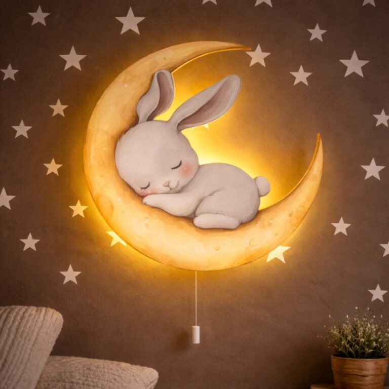 Veilleuse Murale Enfant Lapin Endormi sur la Lune | Chambre Bébé