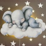 Veilleuse Murale Enfant Éléphant Endormi sur Nuage | Lampe LED Bébé