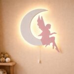 Veilleuse Murale Fée sur Lune LED Bois Chambre Fille Magie