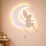 Veilleuse Murale Fée sur Lune LED Bois | Chambre Fille Magie