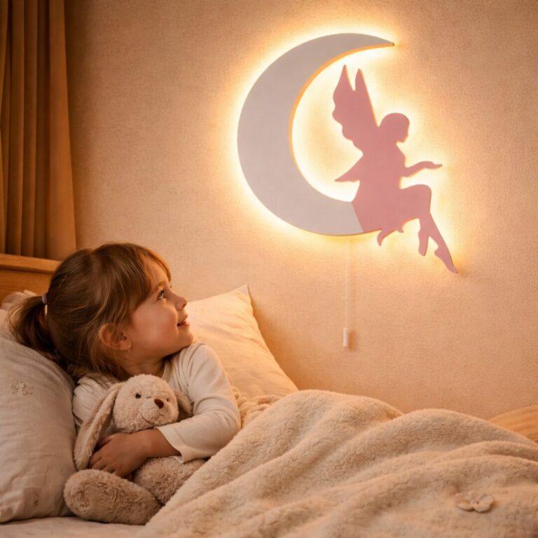 Veilleuse Murale Fée sur Lune LED Bois Chambre Fille Magie