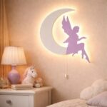 Veilleuse Murale Fée sur Lune LED Bois Chambre Fille Magie