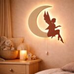 Veilleuse Murale Fée sur Lune LED Bois Chambre Fille Magie