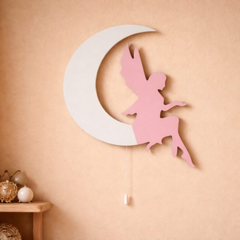 Veilleuse Murale Fée sur Lune LED Bois Chambre Fille Magie