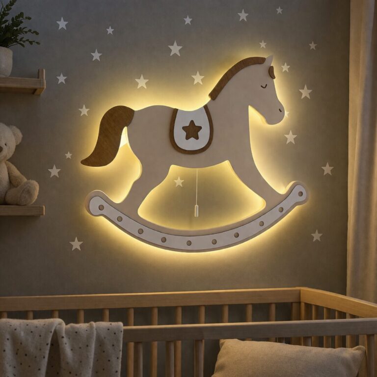 Veilleuse Murale LED Cheval à Bascule en Bois